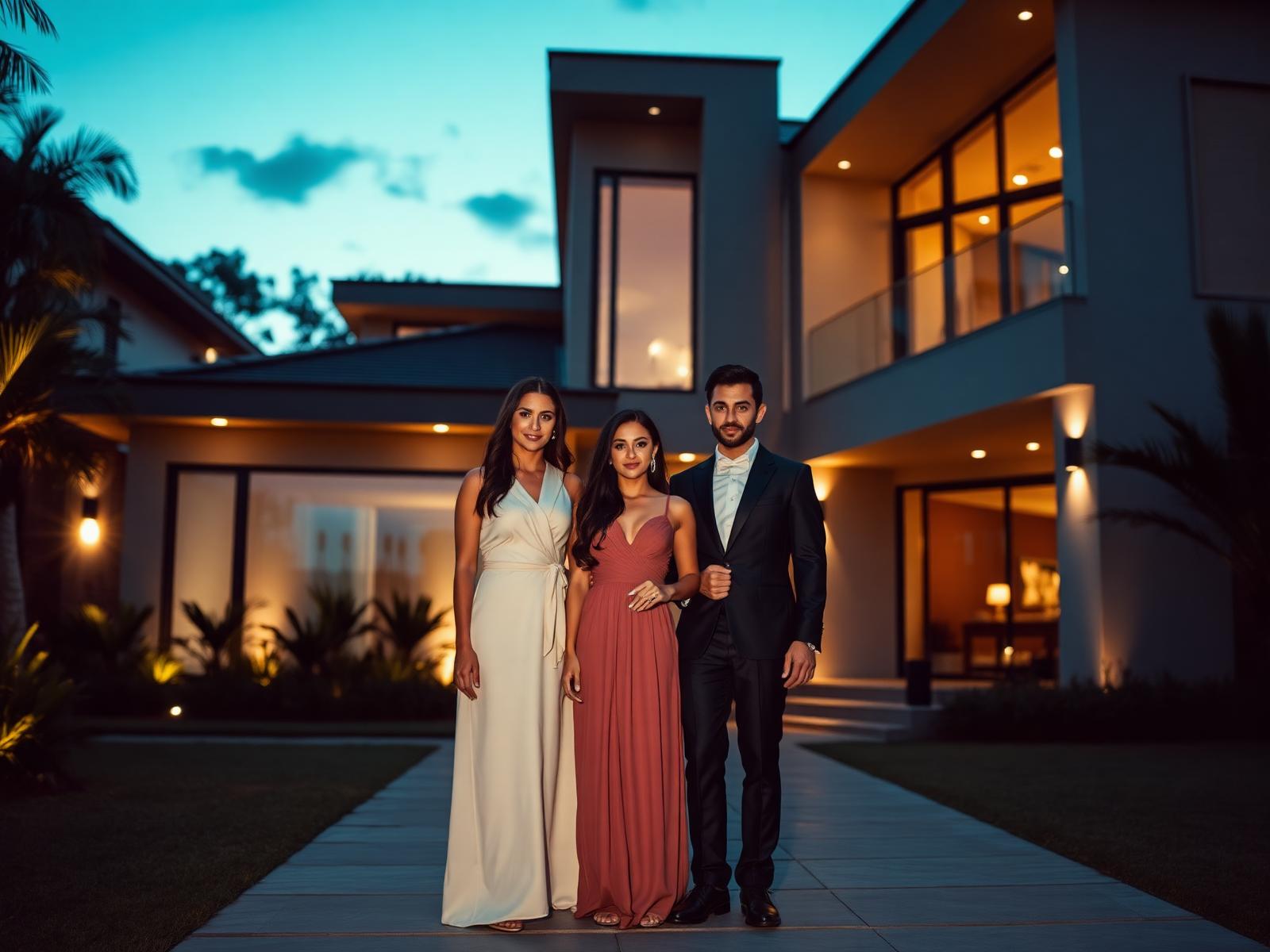Família em frente a residência de alto padrão